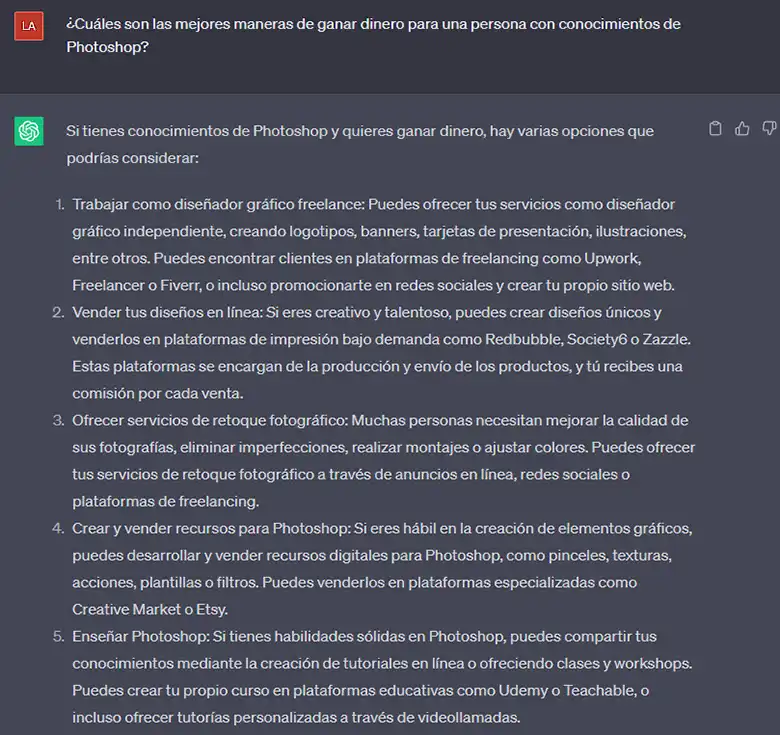 Pantalla que muestra una respuesta de ChatGPT a la consulta de cómo ganar dinero con conocimientos de Photoshop