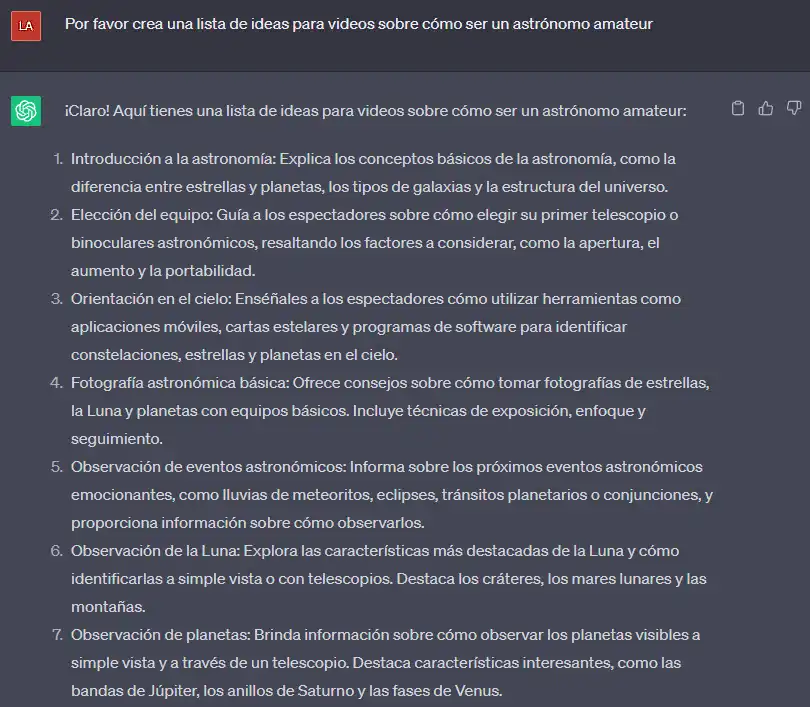 Pantalla que muestra una respuesta de ChatGPT a la consulta de crear ideas para videos de astrónomo amateur
