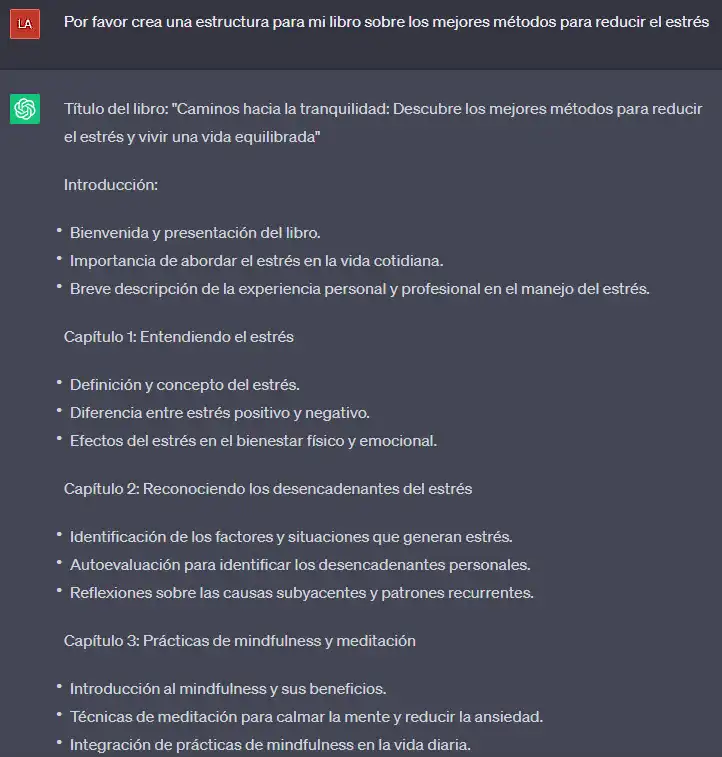 Pantalla que muestra una respuesta de ChatGPT a la consulta de crear una estructura para libro sobre el manejo del estrés