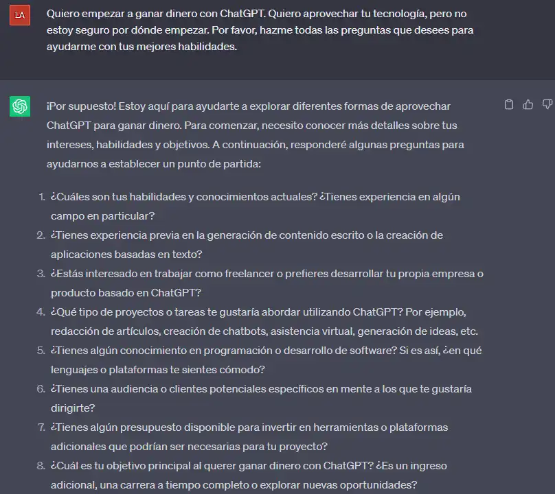 Pantalla que muestra una respuesta de ChatGPT a una consulta