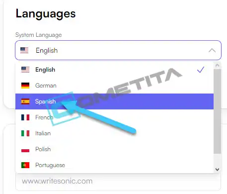 Pantalla que muestra la opción de cambio de idioma en Writesonic