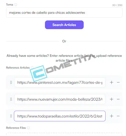 Pantalla que muestra la opción de agregar enlaces al escritor de Writesonic