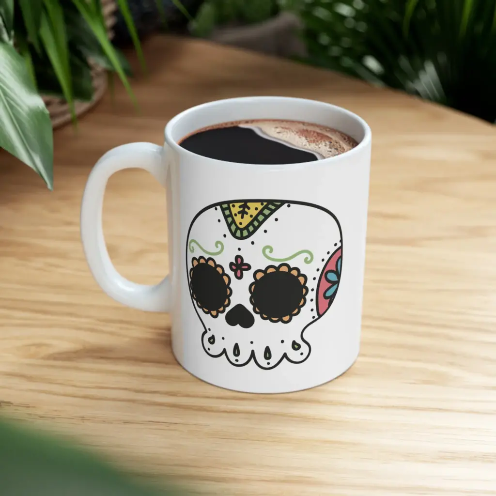La imagen muestra un mockup de tazas hecha con la plantilla para tazas gratuita calavera de Día de los Muertos