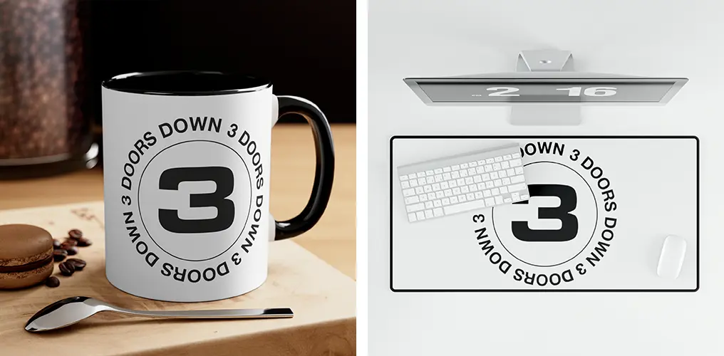 La imagen muestra mockups con productos hechos con el logo de 3 Doors Down