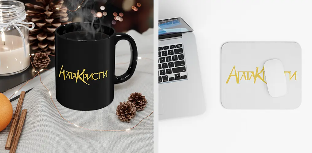 La imagen muestra mockups de la plantilla vector de Agata Kristi para imprimir, sublimar y cortar en uso