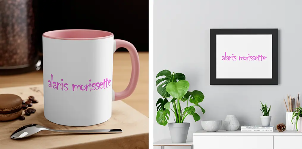 La imagen muestra mockups de productos hechos con la plantilla vector del logo de Alanis Morissette