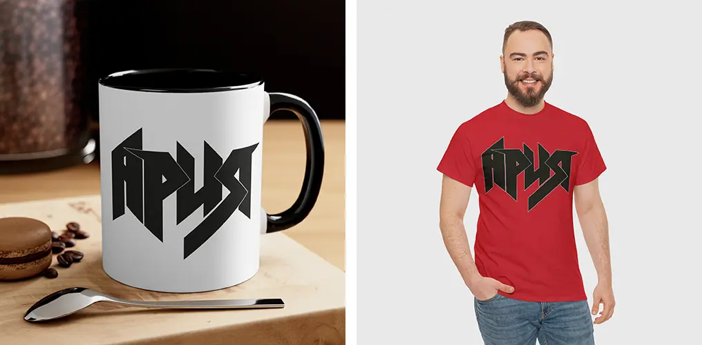 La imagen muestra mockups con productos hechos con el logo de Aria