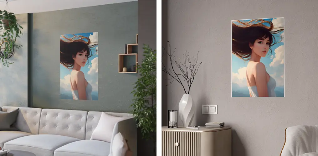 La imagen muestra mockups de posters de la imagen de AI de Bella Chica Asiática para crear posters, cuadros y otros productos