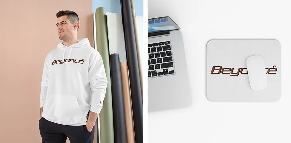 La imagen muestra mockups de productos hechos con la plantilla vector del logo de Beyoncé