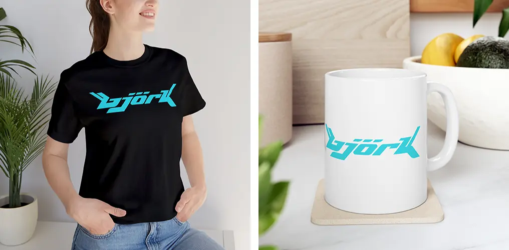 La imagen muestra mockups de productos hechos con la plantilla vector del logo de Björk