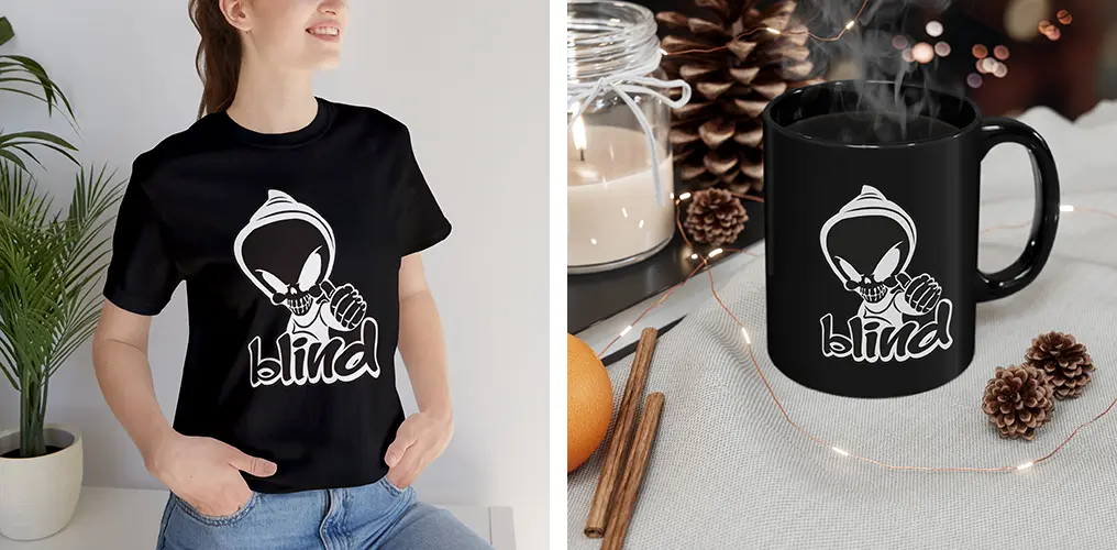 La imagen muestra mockups de productos hechos con la plantilla vector del logo de Blind Skateboards