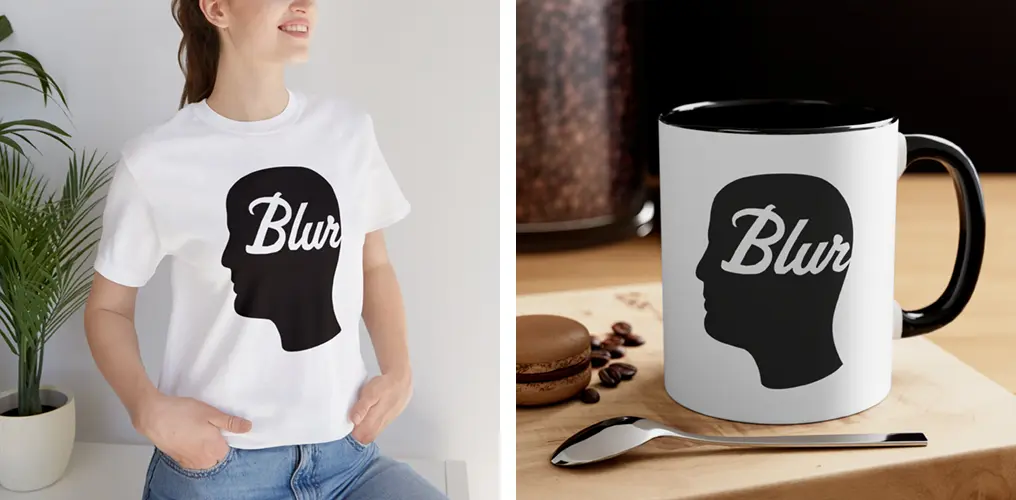 La imagen muestra mockups de productos hechos con la plantilla vector del logo de Blur Studio