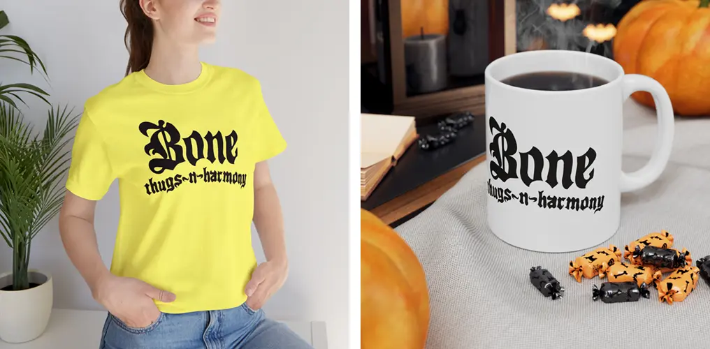 La imagen muestra mockups de productos hechos con la plantilla vector del logo de Bone Thugs-n-Harmony
