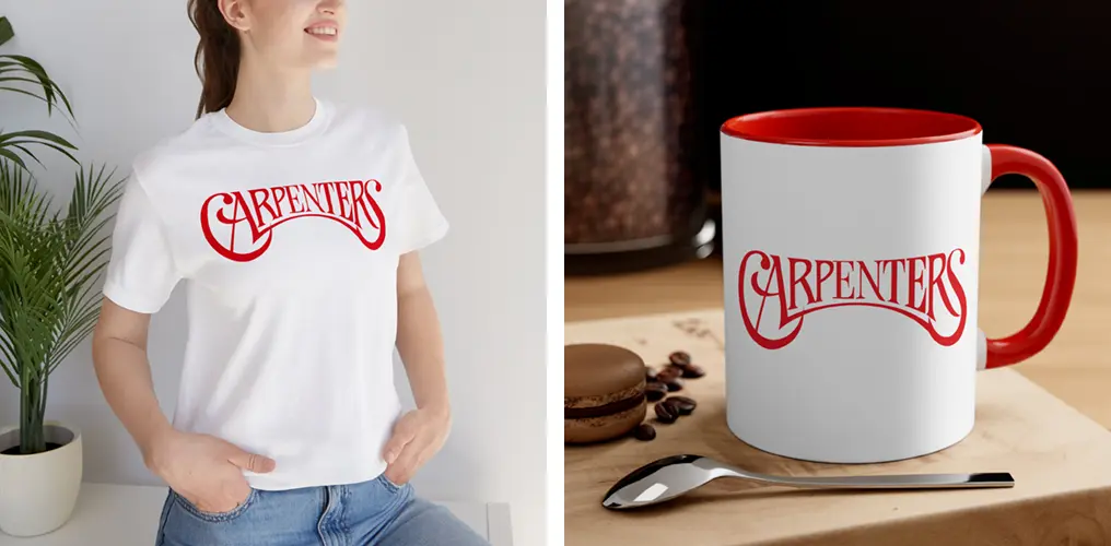 La imagen muestra mockups de productos hechos con la plantilla vector del logo de The Carpenters