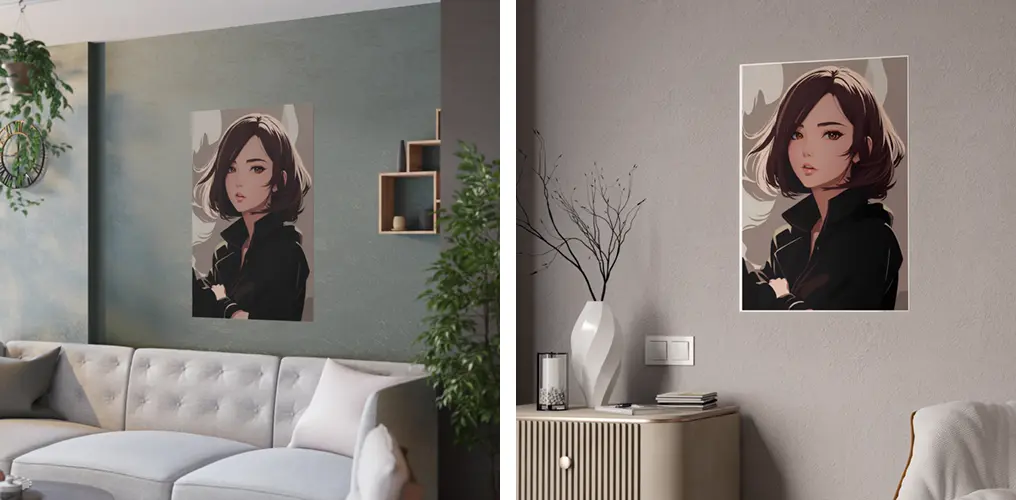 La imagen muestra mockups de posters de la imagen de AI de chica noir en estilo anime para crear posters, cuadros y otros productos