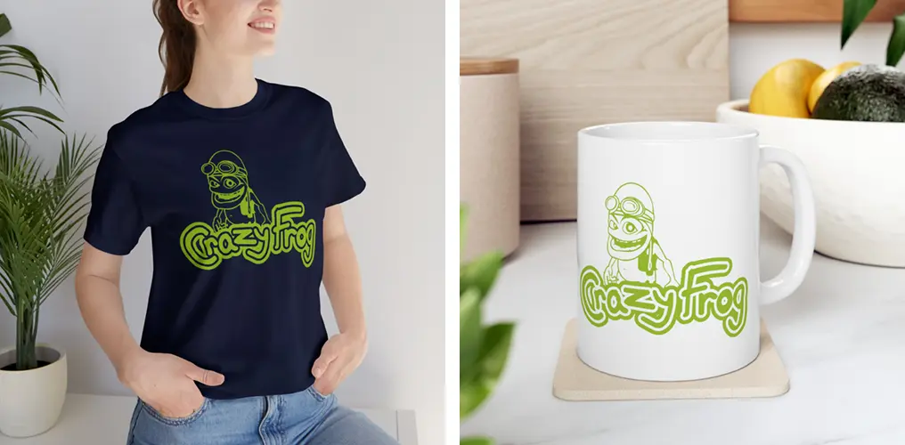 La imagen muestra mockups de productos hechos con la plantilla vector del logo de Crazy Frog