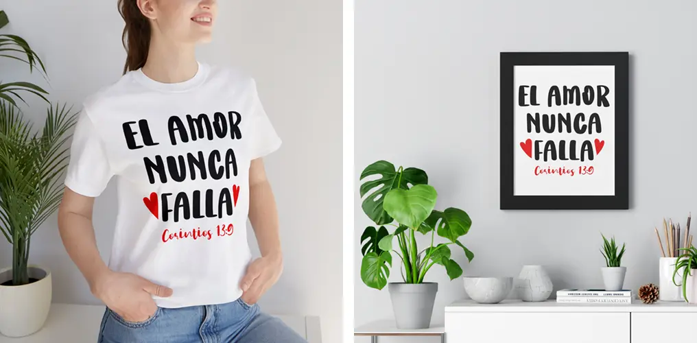 La imagen muestra mockups con productos hechos con la plantilla vector religiosa "El Amor Nunca Falla" para imprimir, sublimar y cortar