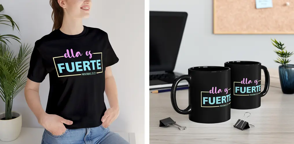 La imagen muestra mockups con productos hechos con la plantilla vector religiosa "Ella es Fuerte" para imprimir, sublimar y cortar