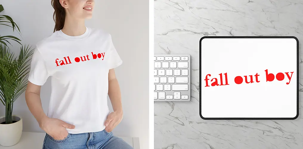 La imagen muestra mockups de productos hechos con la plantilla vector del logo de Fall Out Boy