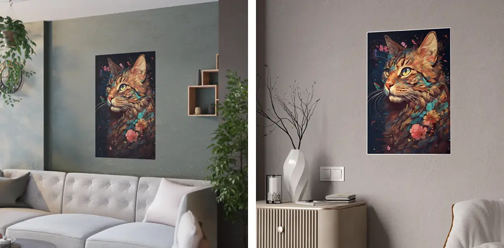 La imagen muestra mockups de posters de la imagen de AI de gato psicodélico para crear posters, cuadros y otros productos