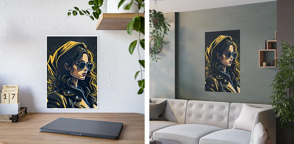 La imagen muestra mockups de posters de la imagen de AI de chica en chaqueta de cuero con lentes en estilo retro para crear posters, cuadros y otros productos