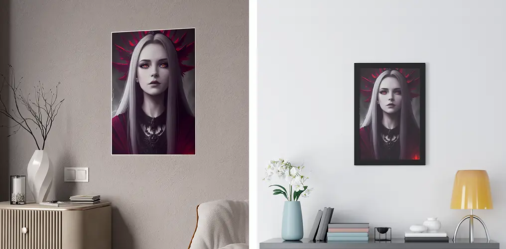 La imagen muestra mockups de posters de la imagen de AI de Chica Gótica en el Inframundo para crear posters, cuadros y otros productos