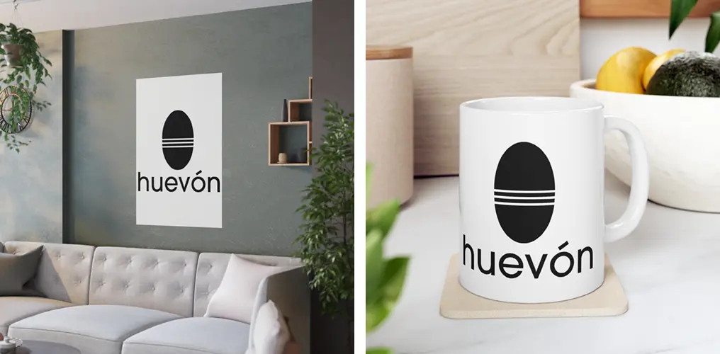 La imagen muestra mockups con productos hechos con la plantilla vector chostosa "Huevón" Para imprimir, sublimar y cortar