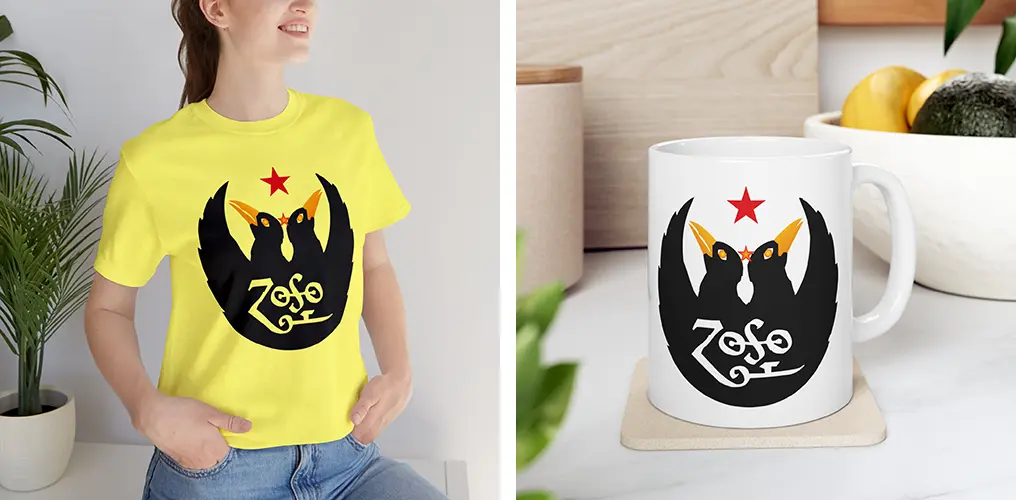 La imagen muestra mockups de productos hechos con la plantilla vector del logo de Logo de Jimmy Page Zoso
