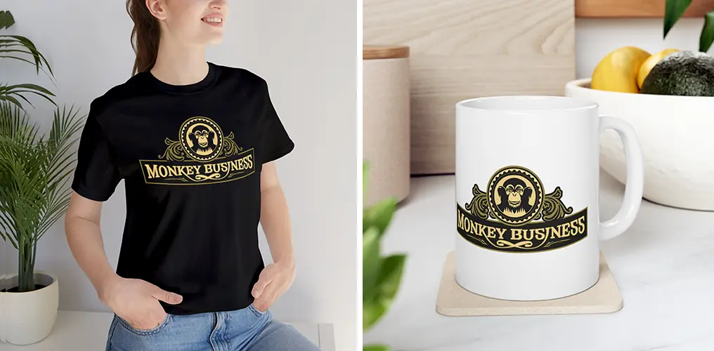 La imagen muestra mockups de productos hechos con la plantilla vector del logo de Logo de Monkey Business