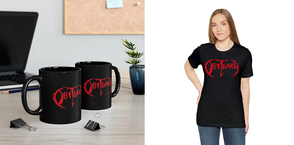 La imagen muestra mockups de la Plantilla de Logo de Obituary Para Imprimir, Sublimar y Cortar en uso