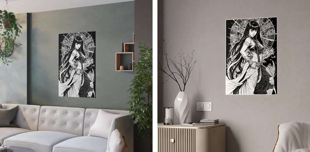 La imagen muestra mockups de posters de la imagen de AI de Super Heroína Vietnamita para crear posters, cuadros y otros productos