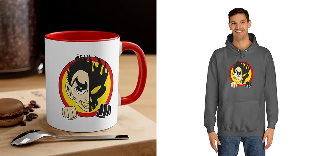 La imagen muestra mockups con productos hechos con el logo alternativo de The Offspring