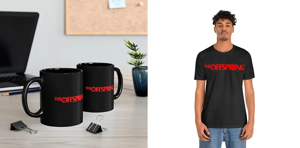 La imagen muestra mockups con productos hechos con el logo de The Offspring