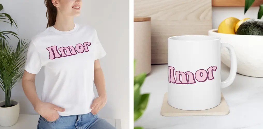La imagen muestra mockups con productos hechos con la plantilla vector "Amor Retro"
