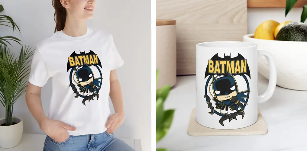 La imagen muestra mockups con productos hechos con la plantilla vector funko de Batman