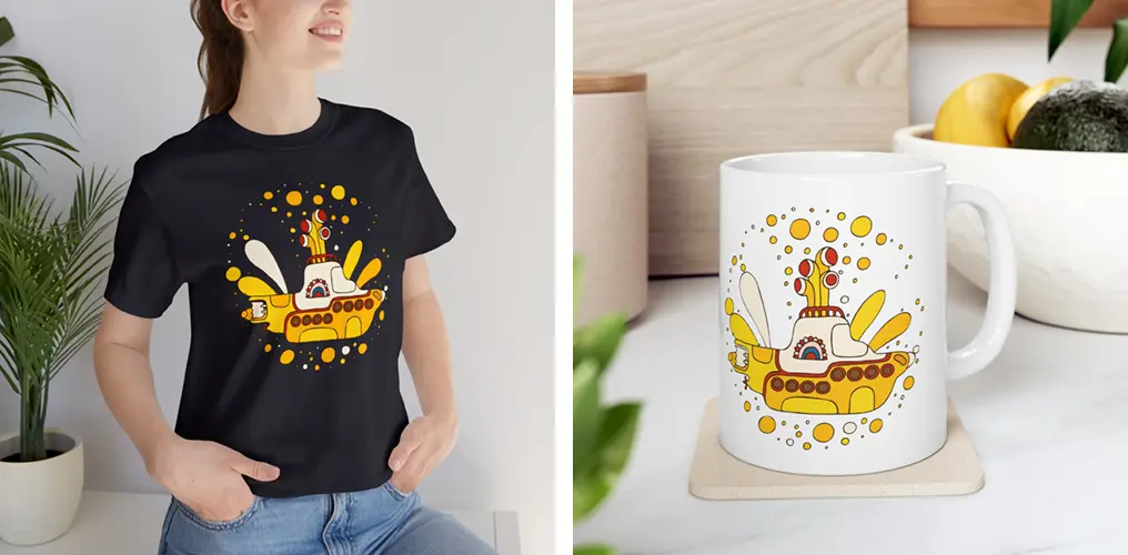 La imagen muestra mockups con productos hechos con la plantilla vector Yellow Submarine de los Beatles