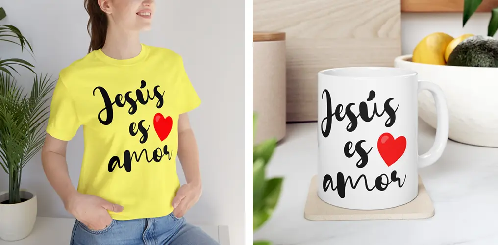 La imagen muestra mockups con productos hechos con la plantilla vector religiosa Jesús es Amor
