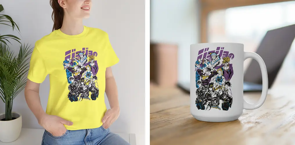 La imagen muestra mockups con productos hechos con la plantilla vector Joestar Group de JoJo's Bizarre Adventure