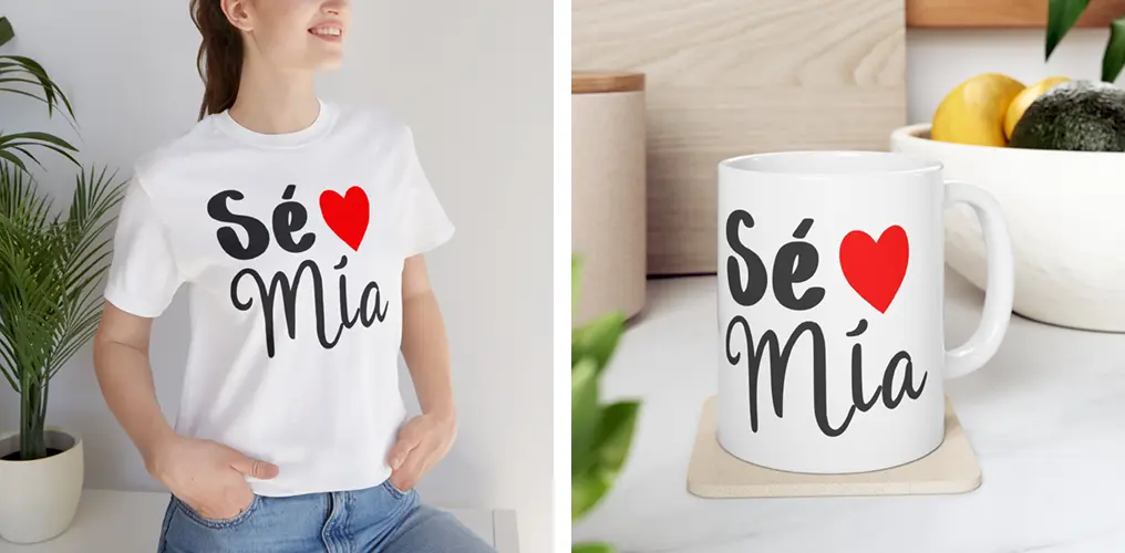 La imagen muestra mockups con productos hechos con la plantilla vector de Día de San Valentín "Sé Mía"