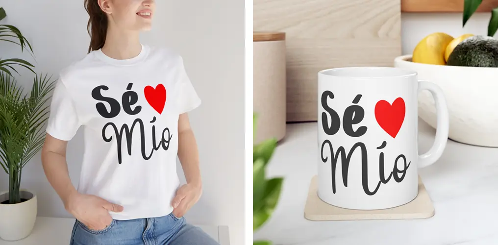 La imagen muestra mockups con productos hechos con la plantilla vector de Día de San Valentín "Sé Mío"