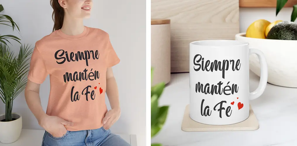 La imagen muestra mockups con productos hechos con la plantilla vector religiosa "Siempre Mantén la Fe"