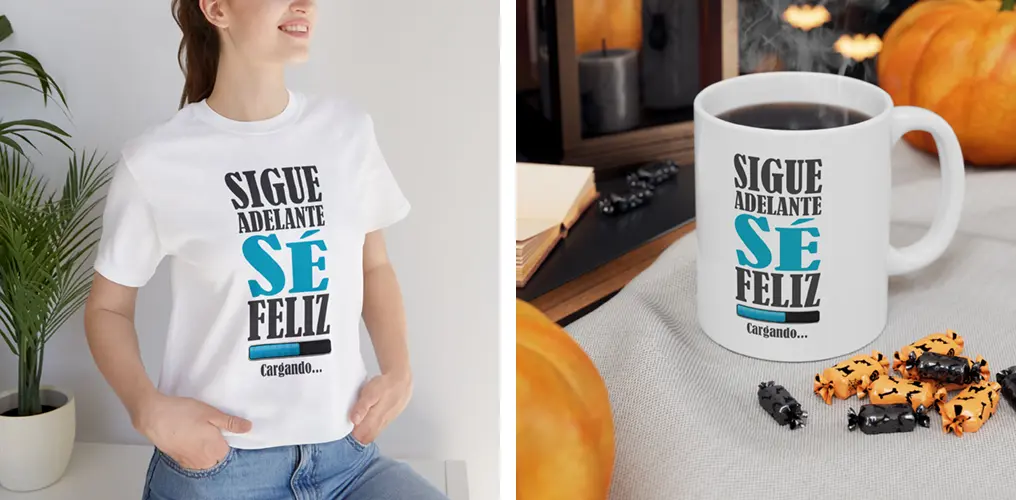 La imagen muestra mockups con productos hechos con la plantilla vector motivacional "Sigue Adelante Sé Feliz"