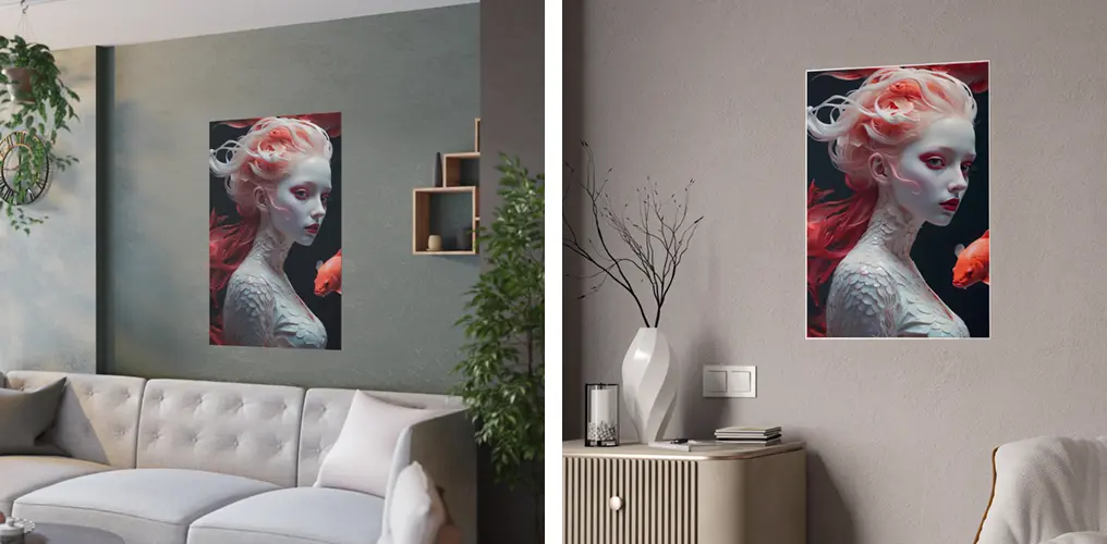 La imagen muestra mockups de posters de la imagen de AI de sirena blanca para crear posters, cuadros y otros productos