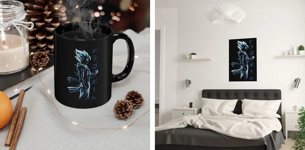La imagen muestra mockups con productos hechos con la plantilla vector Son Goku de Dragon Ball