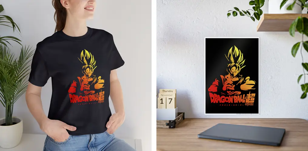 La imagen muestra mockups con productos hechos con la plantilla vector Son Goku de Dragon Ball Super