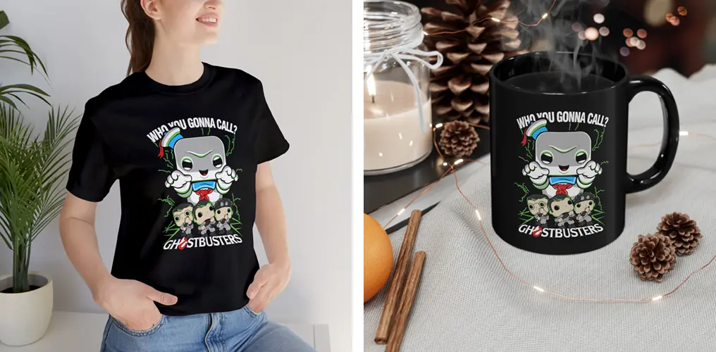 La imagen muestra mockups con productos hechos con la plantilla vector funko de Ghostbusters