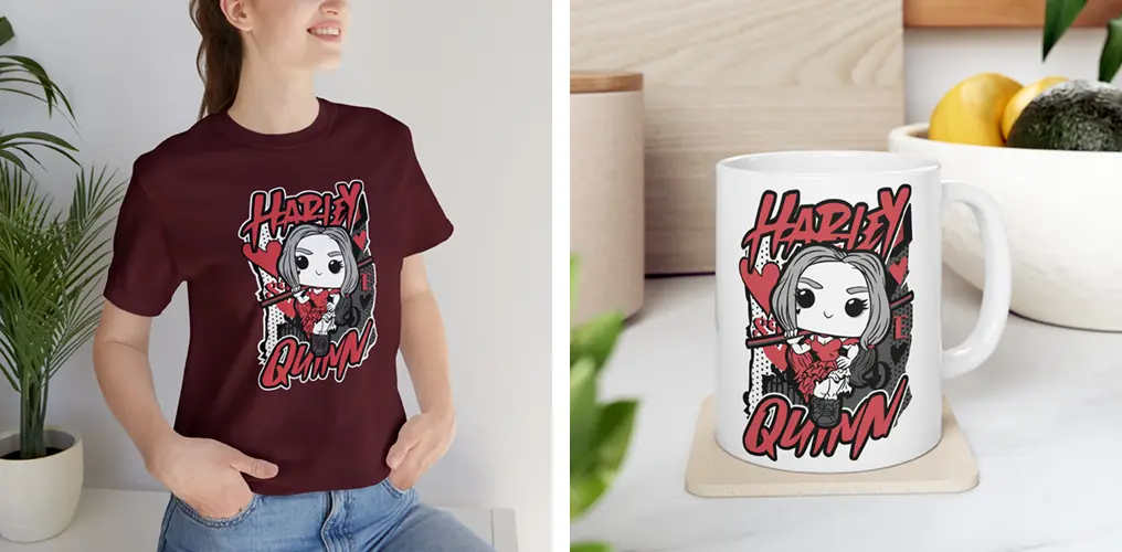 La imagen muestra mockups con productos hechos con la plantilla vector funko de Harley Quinn