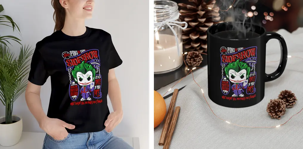 La imagen muestra mockups con productos hechos con la plantilla vector funko de Joker