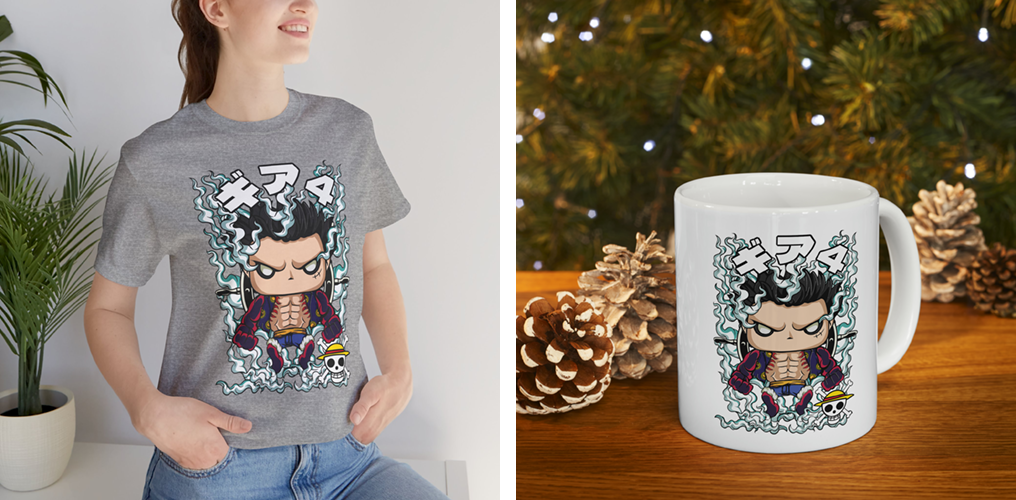La imagen muestra mockups con productos hechos con la plantilla vector funko de Monkey D Luffy
