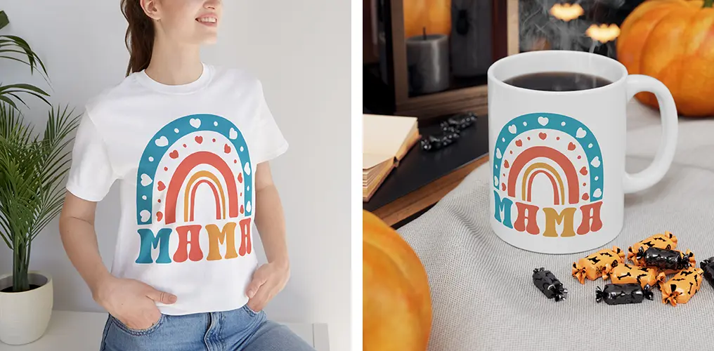 La imagen muestra a una camiseta y una taza hechas con la plantilla vector de Día de las Madres "Mamá Arcoíris".